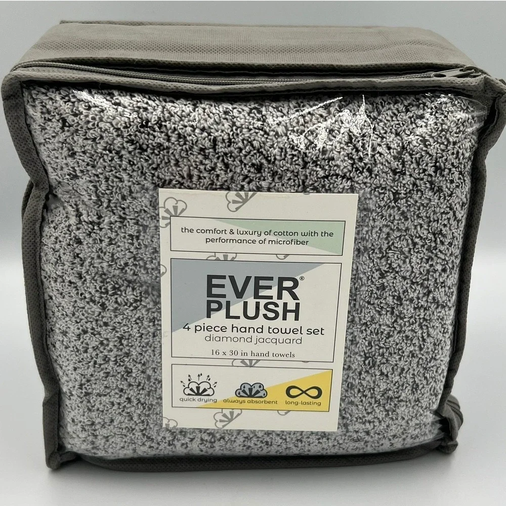 Everplush Hand Towel Set 4pc Grey 16x30 Diamond Jacquard New